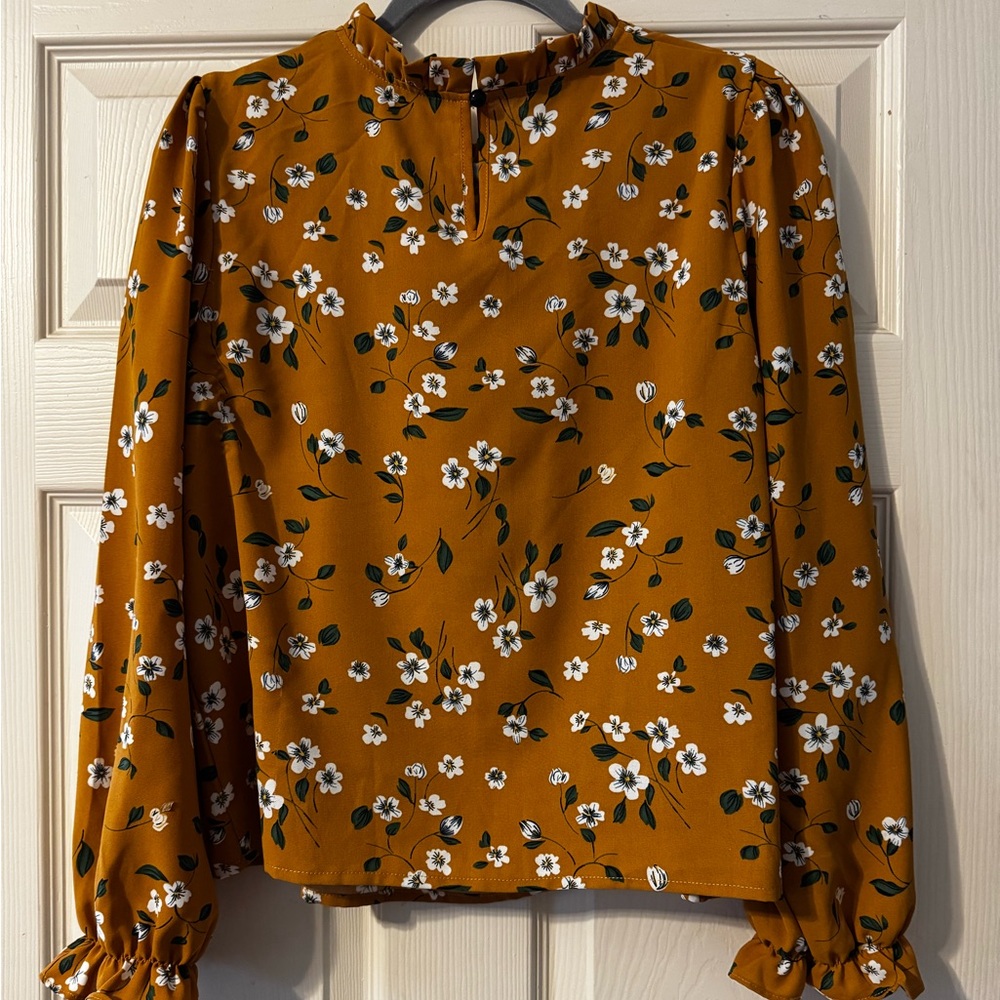 Women's Floral Ruffle Neck Blouse - Rust - Picture 2 of 2